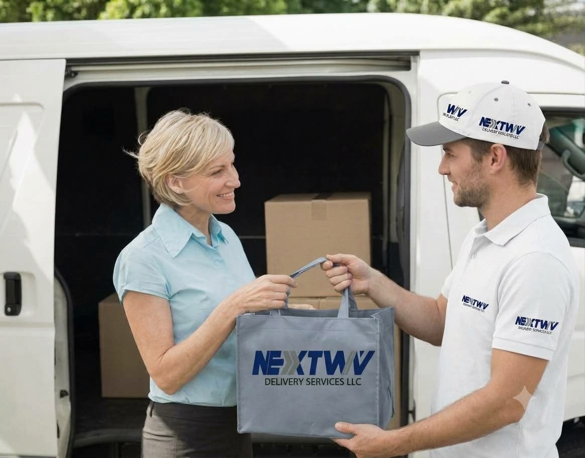 Nextway courier in uniform handing a branded delivery bag to a smiling customer beside the van
