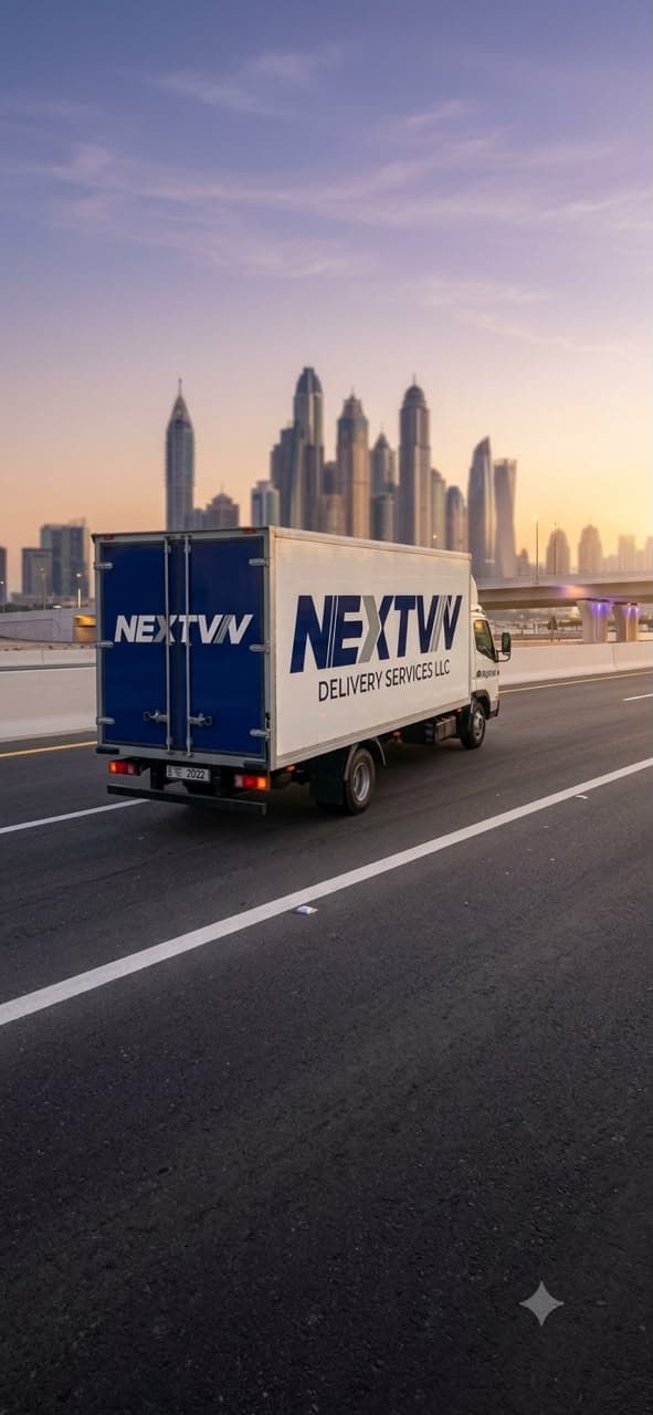 Nextway Delivery Services truck on a Dubai highway at sunset with the skyline behind
